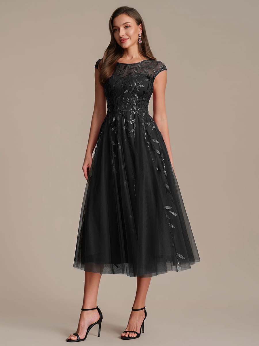 See-through Sequin Cap Sleeve Dress #color_Black