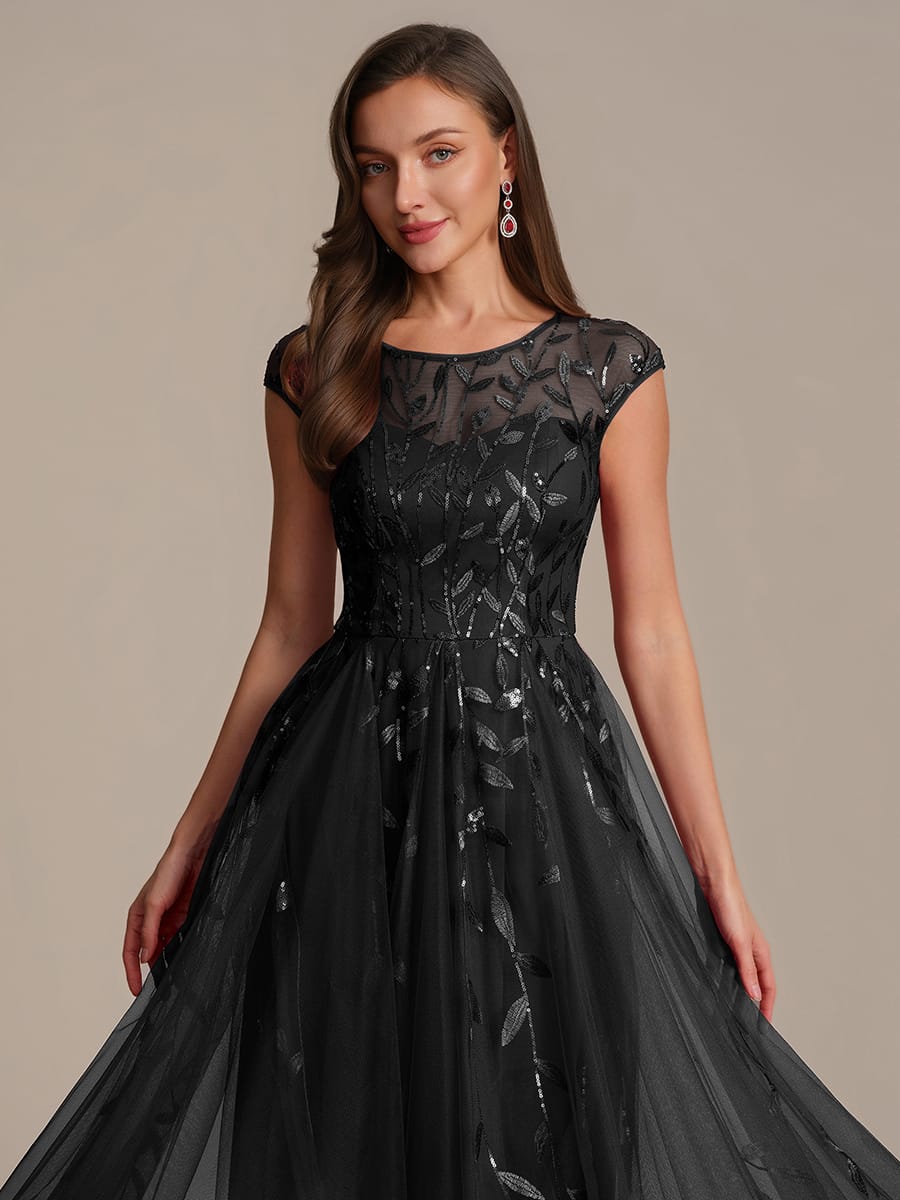 See-through Sequin Cap Sleeve Dress #color_Black