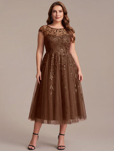 Plus Size Sequin A-Line Tea Length Dress with Cap Sleeves