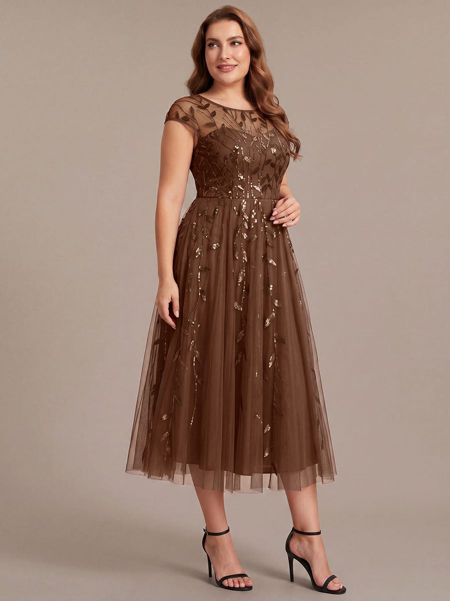 See-through Sequin Cap Sleeve Dress #color_Brown