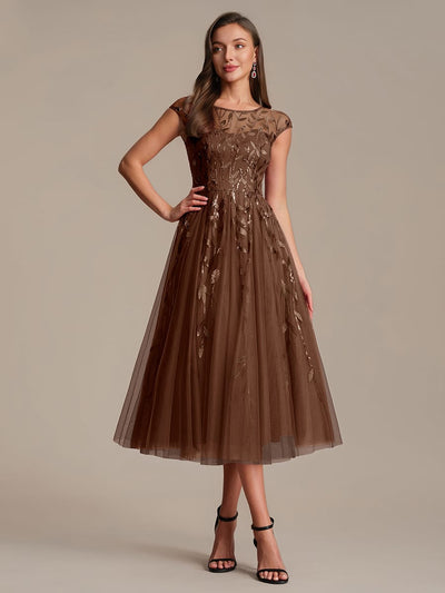 Sequin A-Line Tea Length Evening Dress with Cap Sleeves