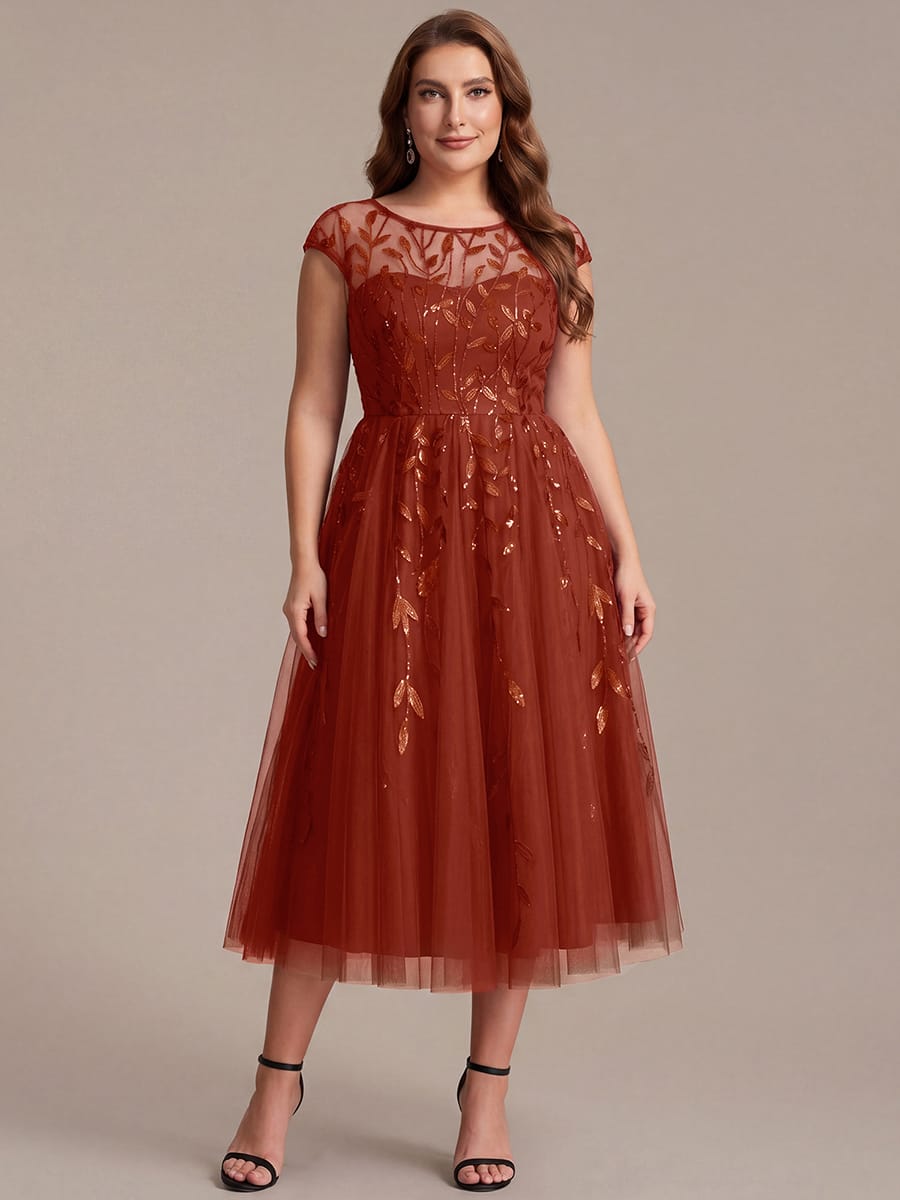 See-through Sequin Cap Sleeve Dress #color_Burnt Orange
