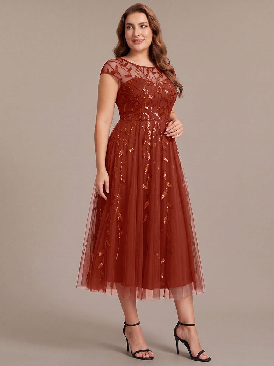 See-through Sequin Cap Sleeve Dress #color_Burnt Orange