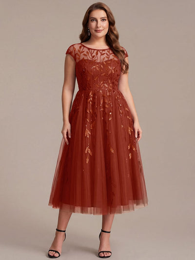 Plus Size Sequin A-Line Tea Length Dress with Cap Sleeves