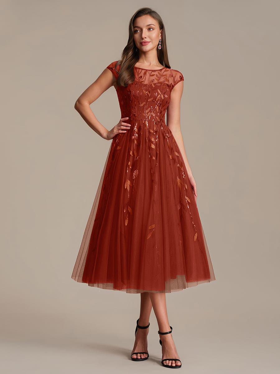 See-through Sequin Cap Sleeve Dress #color_Burnt Orange