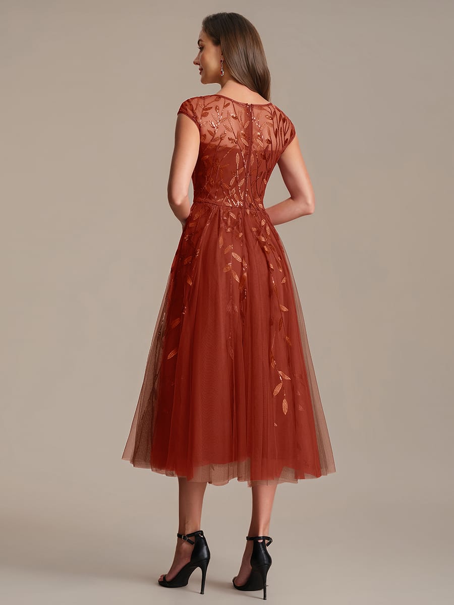 See-through Sequin Cap Sleeve Dress #color_Burnt Orange