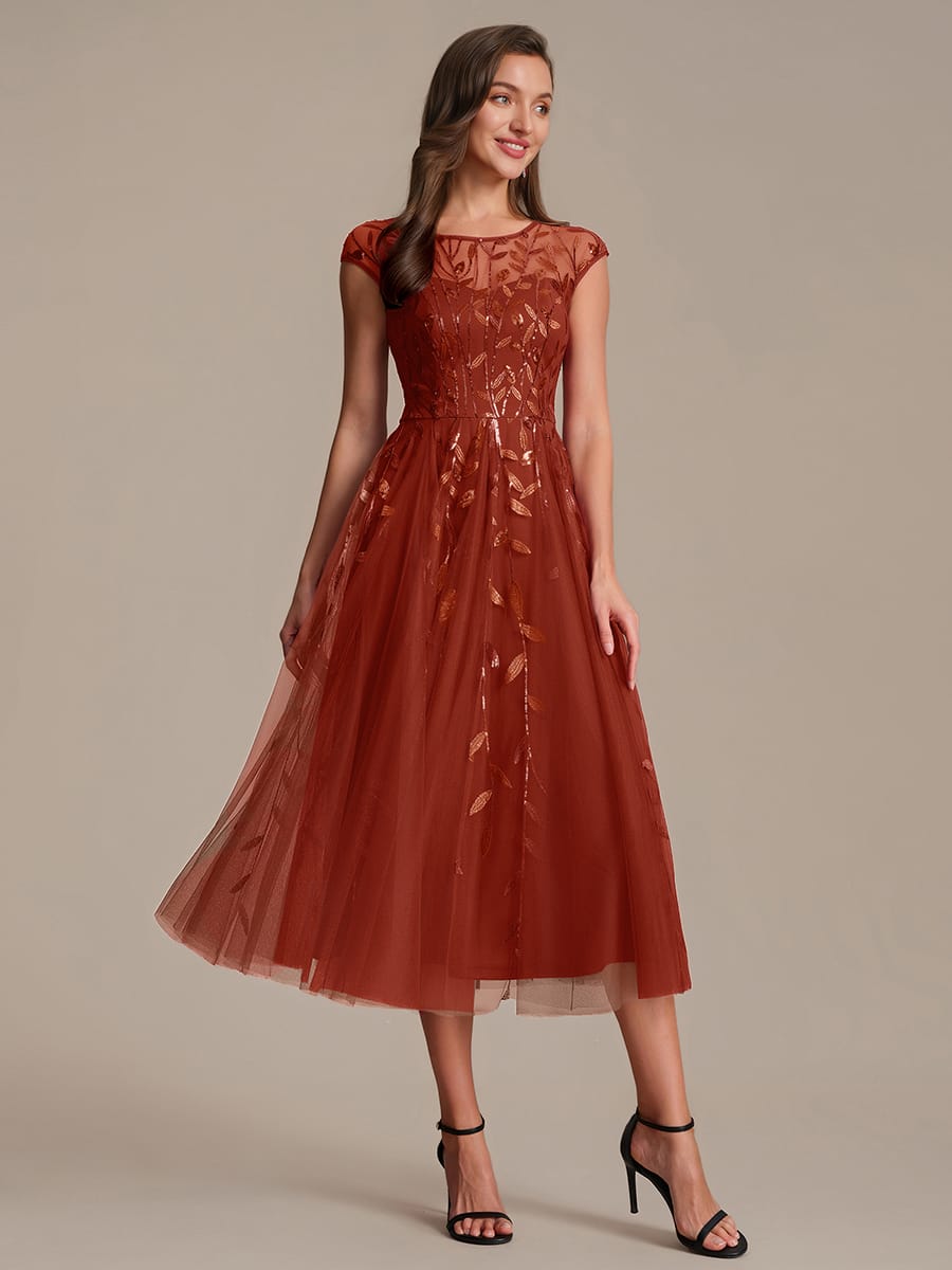 See-through Sequin Cap Sleeve Dress #color_Burnt Orange