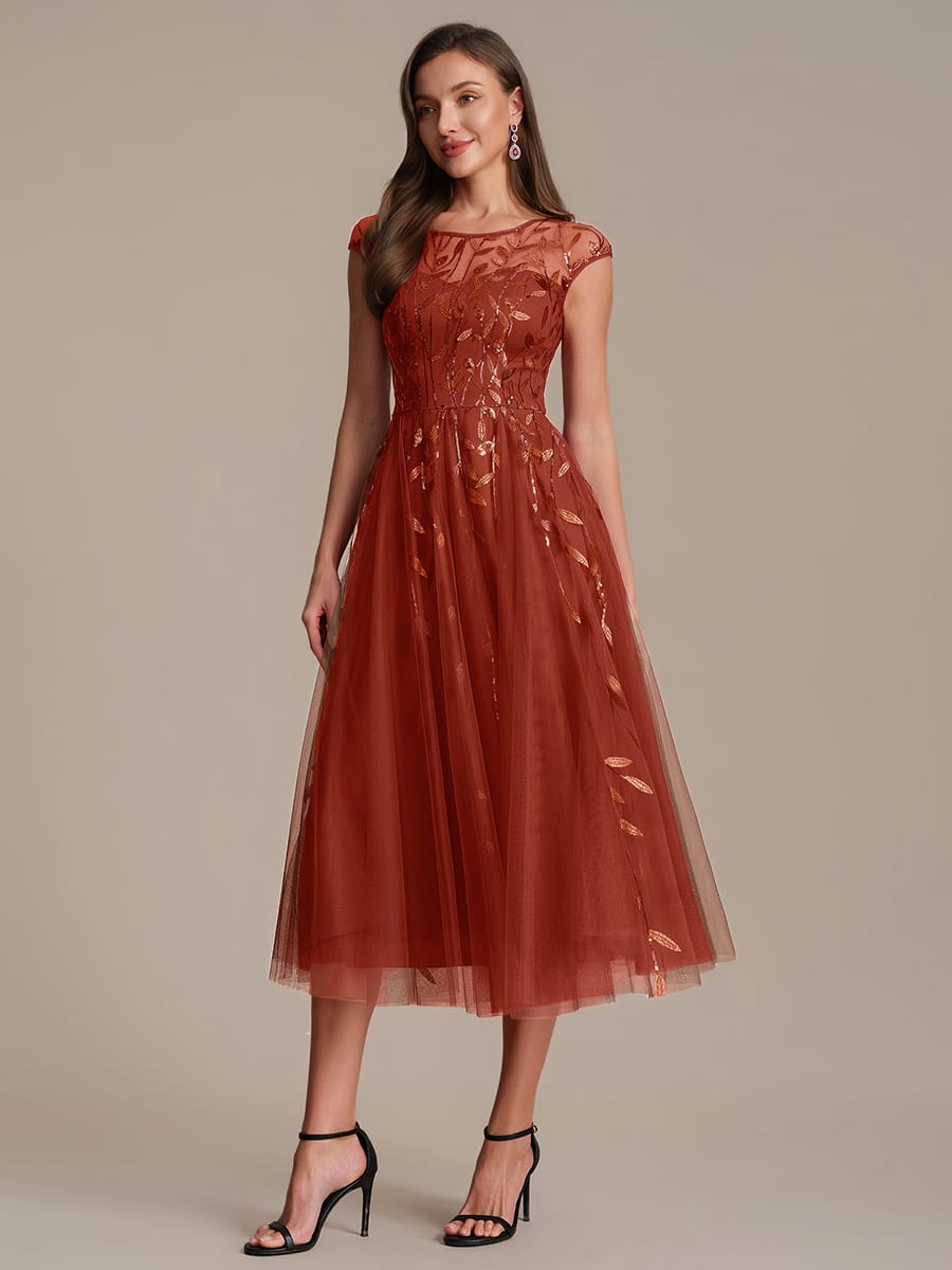 See-through Sequin Cap Sleeve Dress #color_Burnt Orange