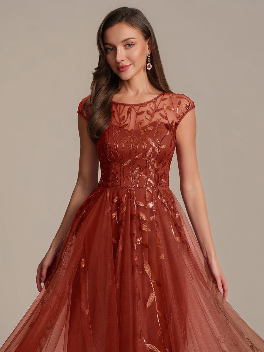 See-through Sequin Cap Sleeve Dress #color_Burnt Orange