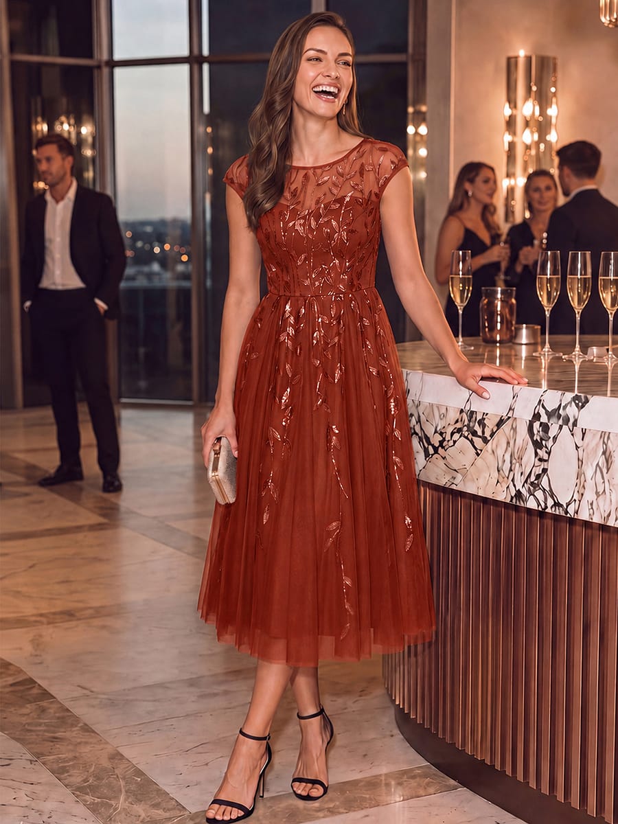See-through Sequin Cap Sleeve Dress #color_Burnt Orange