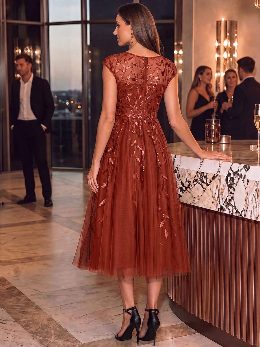 See-through Sequin Cap Sleeve Dress #color_Burnt Orange