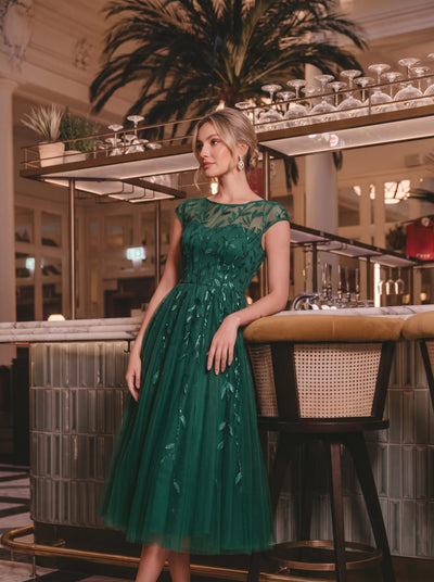 Sequin A-Line Tea Length Evening Dress with Cap Sleeves