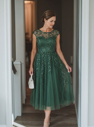 Sequin A-Line Tea Length Mother of the Bride Dress with Cap Sleeves