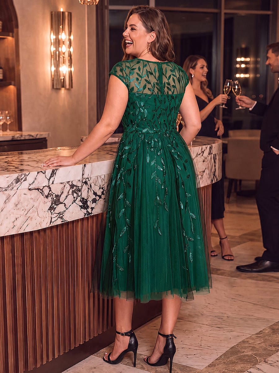 See-through Sequin Cap Sleeve Dress #color_Dark Green