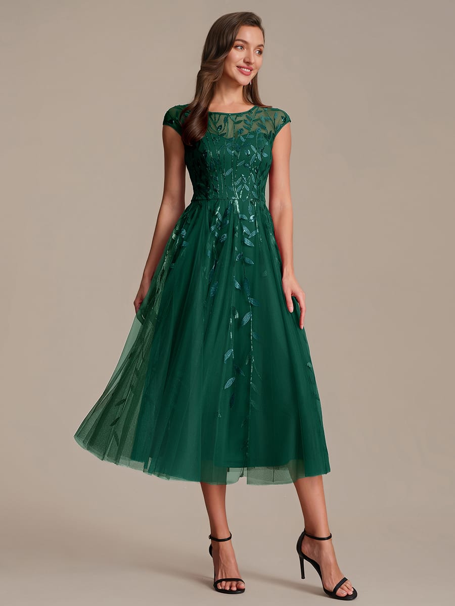 See-through Sequin Cap Sleeve Dress #color_Dark Green