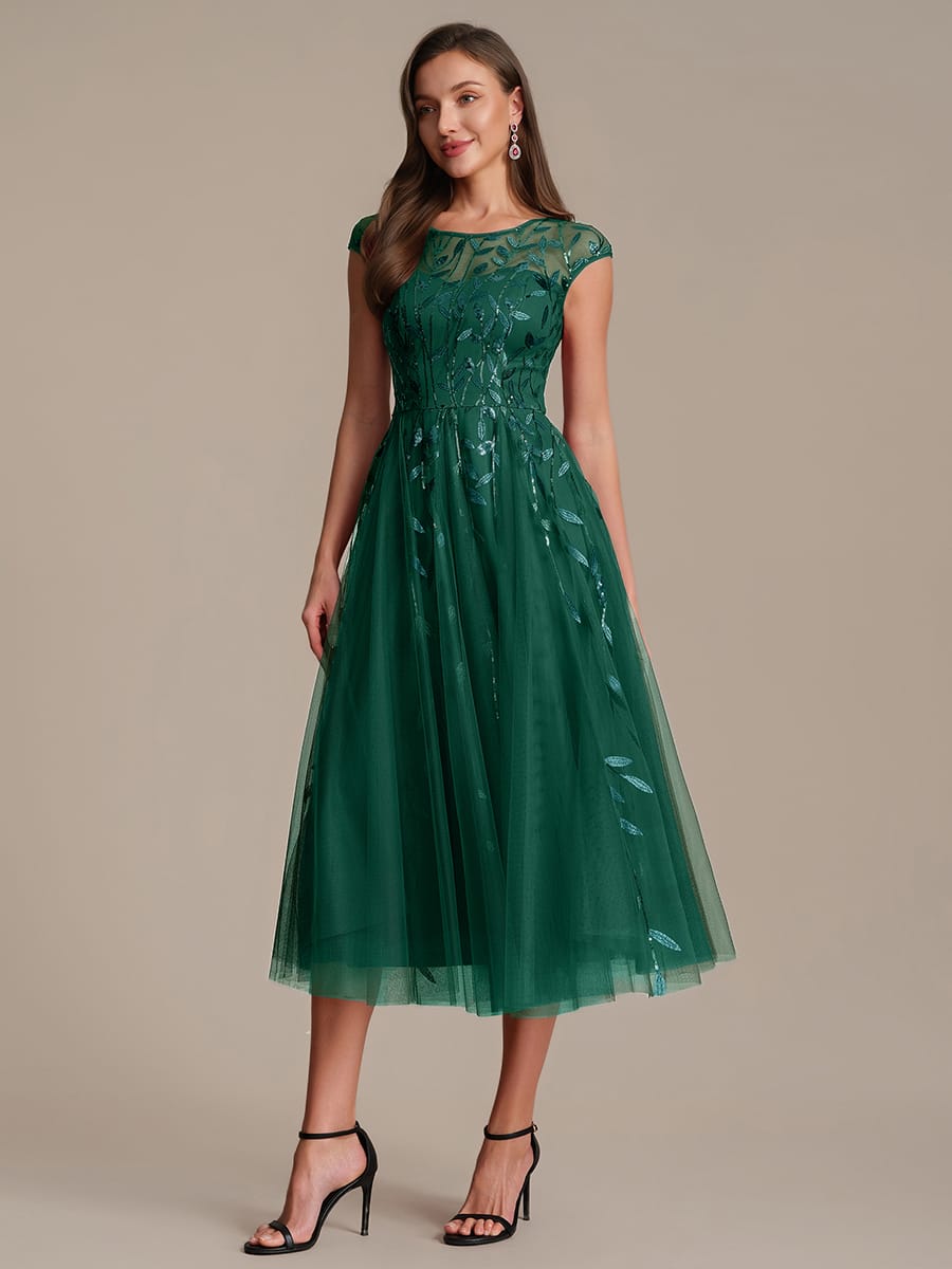 See-through Sequin Cap Sleeve Dress #color_Dark Green