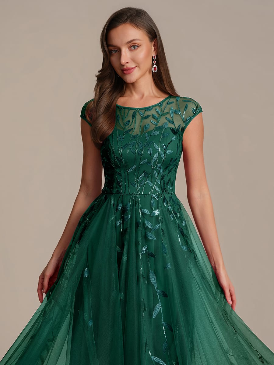 See-through Sequin Cap Sleeve Dress #color_Dark Green