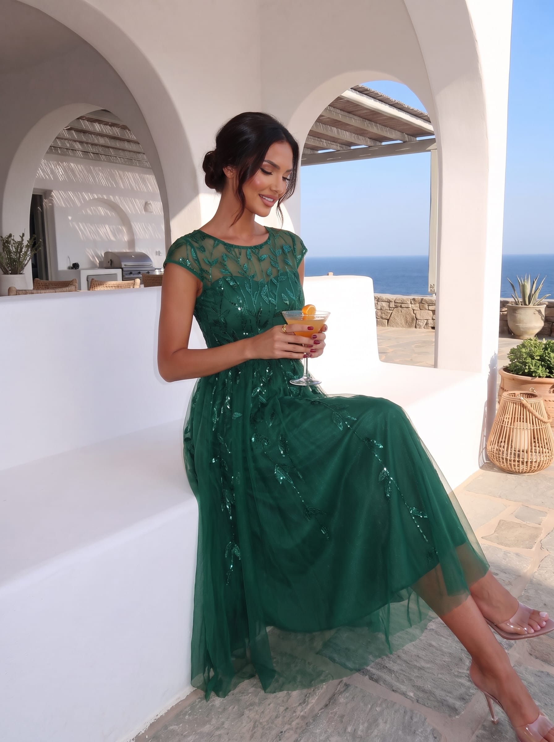 See-through Sequin Cap Sleeve Dress #color_Dark Green