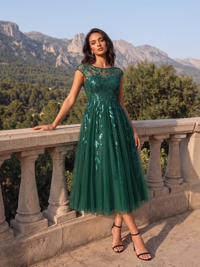 See-through Sequin Cap Sleeve Dress #color_Dark Green