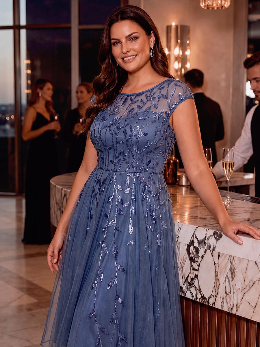 See-through Sequin Cap Sleeve Dress #color_Dusty Blue