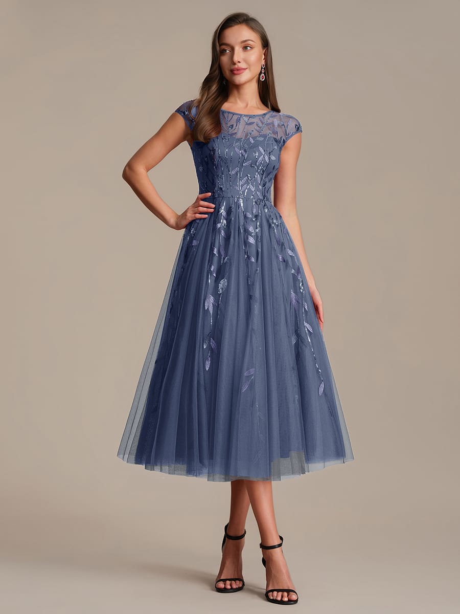 See-through Sequin Cap Sleeve Dress #color_Dusty Blue