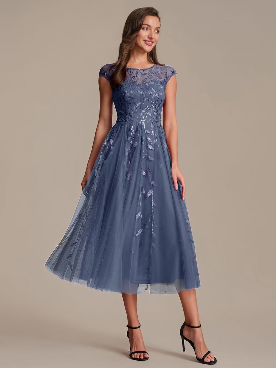 See-through Sequin Cap Sleeve Dress #color_Dusty Blue
