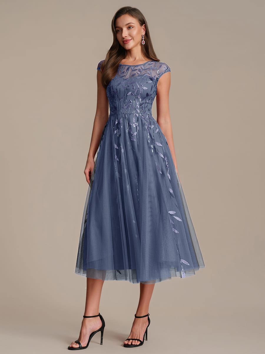 See-through Sequin Cap Sleeve Dress #color_Dusty Blue