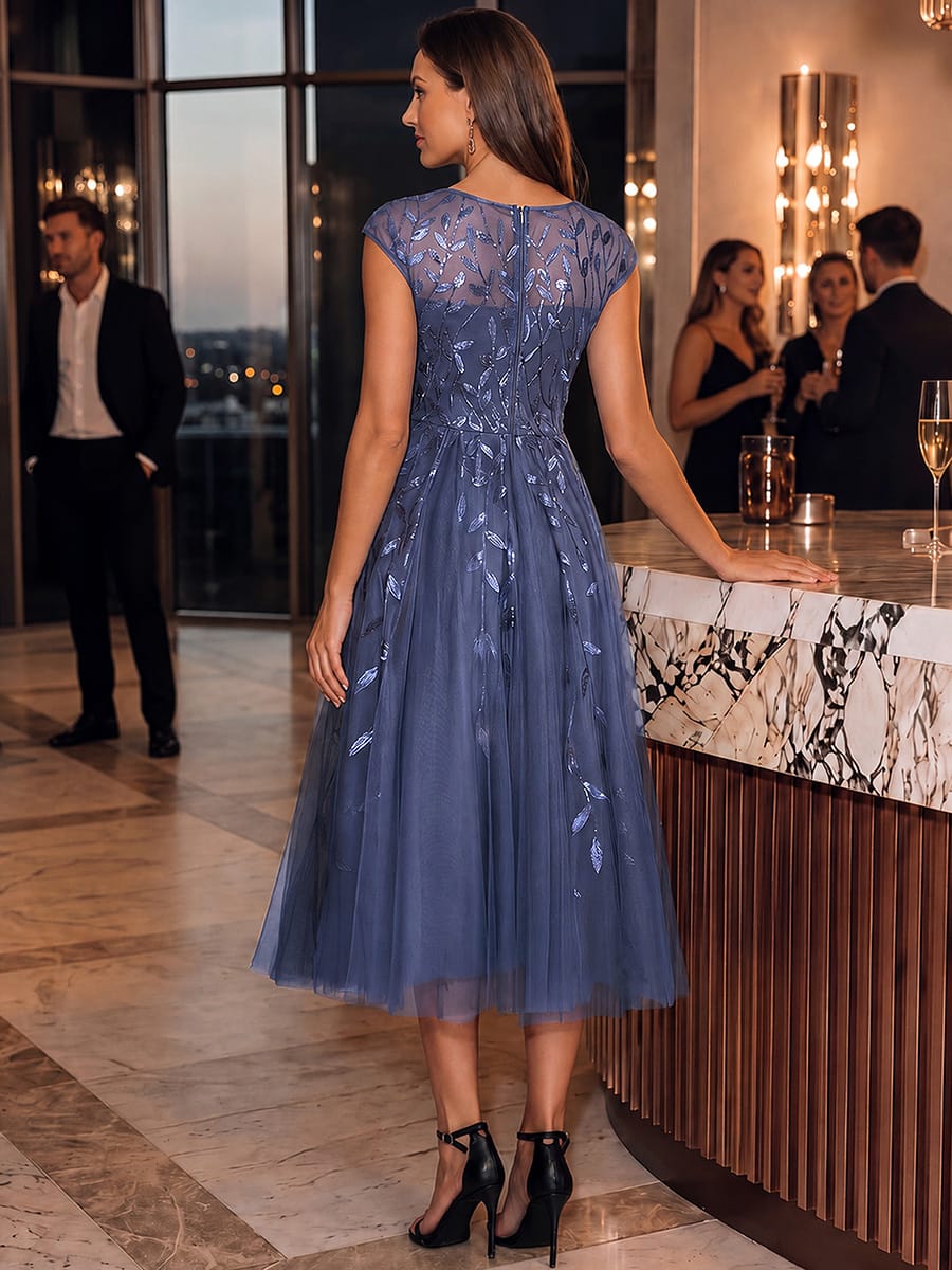 See-through Sequin Cap Sleeve Dress #color_Dusty Blue