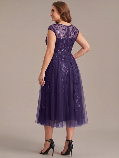Plus Size Sequin A-Line Tea Length Dress with Cap Sleeves