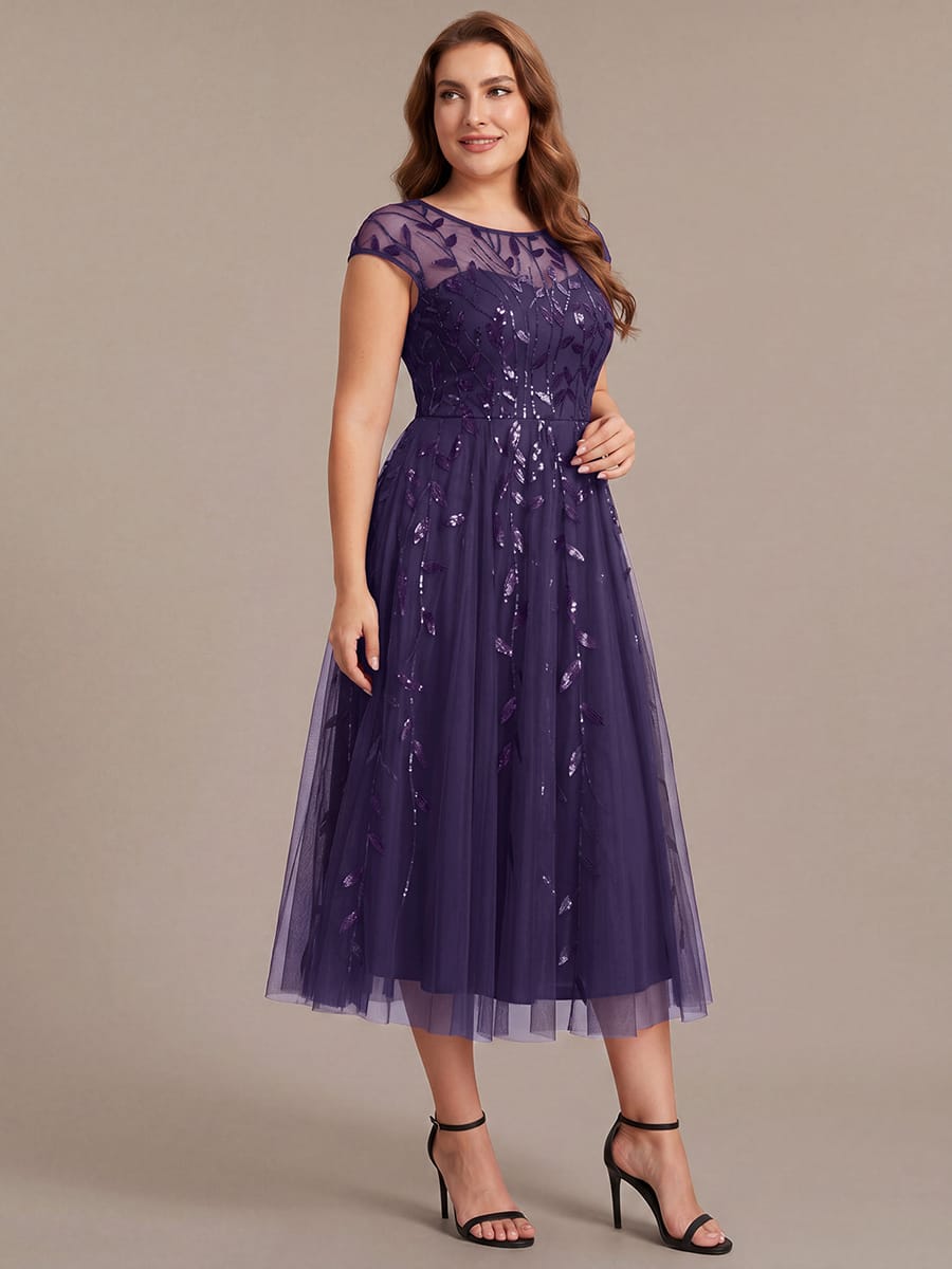 See-through Sequin Cap Sleeve Dress #color_Dark Purple