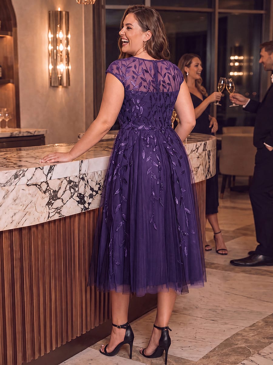 See-through Sequin Cap Sleeve Dress #color_Dark Purple