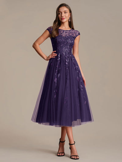 Sequin A-Line Tea Length Dress with Cap Sleeves