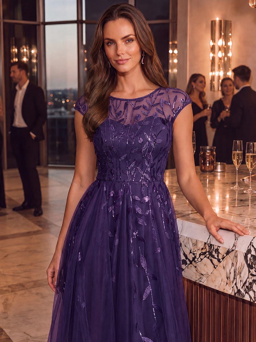 See-through Sequin Cap Sleeve Dress #color_Dark Purple
