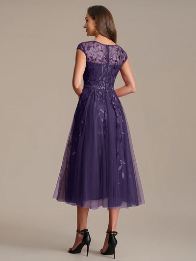 Sequin A-Line Tea Length Dress with Cap Sleeves