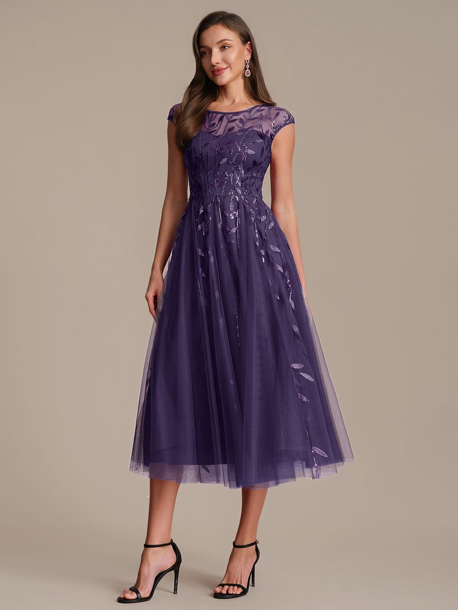 See-through Sequin Cap Sleeve Dress #color_Dark Purple