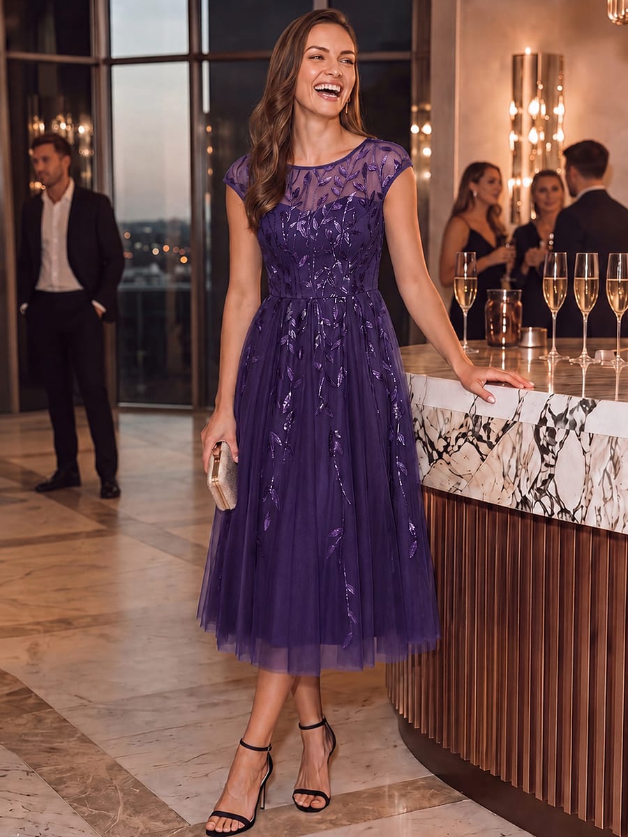 See-through Sequin Cap Sleeve Dress #color_Dark Purple