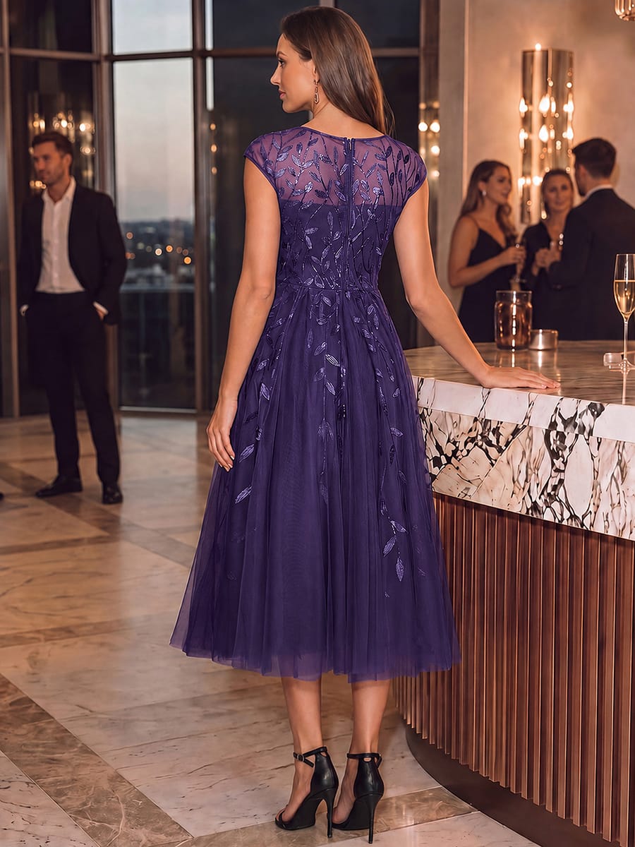 See-through Sequin Cap Sleeve Dress #color_Dark Purple