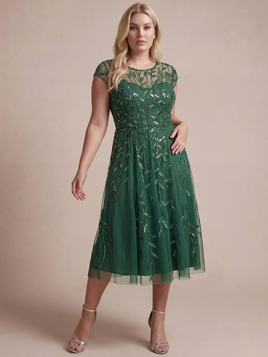 See-through Sequin Cap Sleeve Dress #color_Eucalyptus Green
