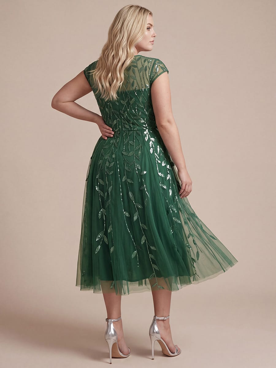 See-through Sequin Cap Sleeve Dress #color_Eucalyptus Green