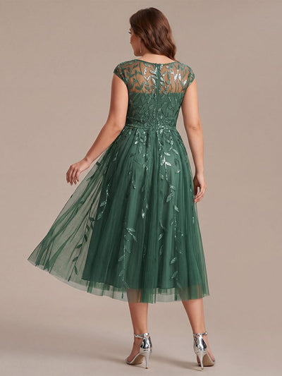 Plus Size Sequin A-Line Tea Length Dress with Cap Sleeves