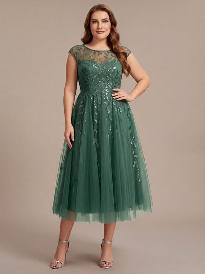 Plus Size Sequin A-Line Tea Length Dress with Cap Sleeves