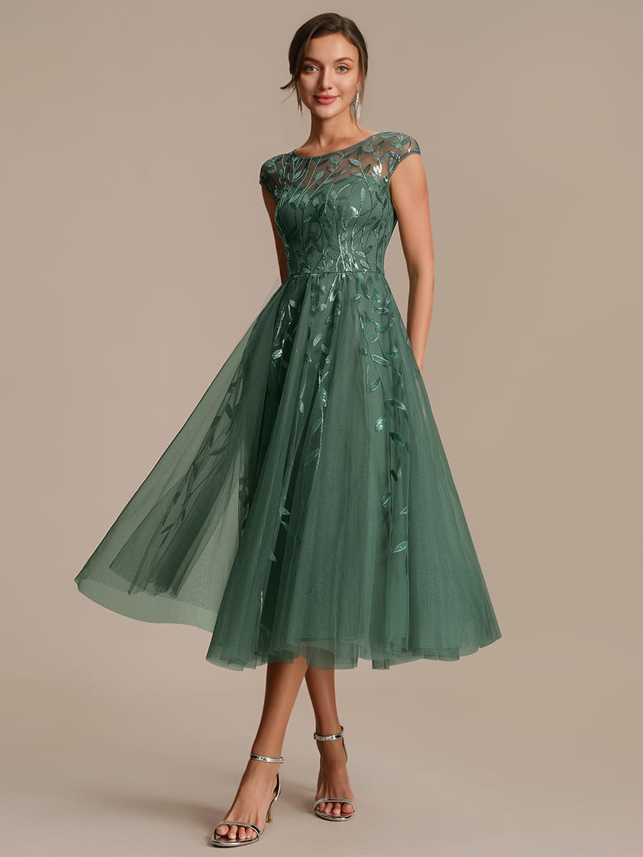 See-through Sequin Cap Sleeve Dress #color_Eucalyptus Green
