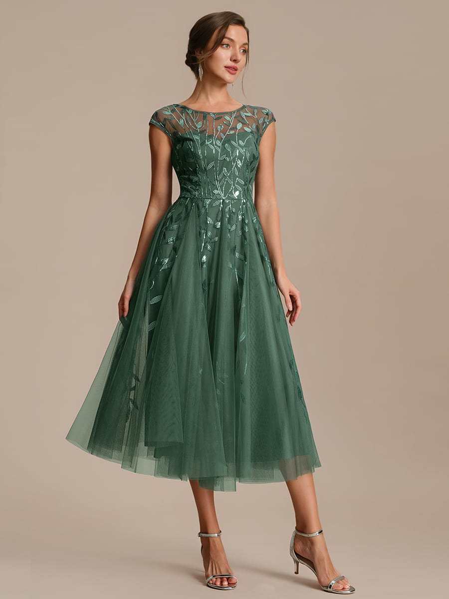 See-through Sequin Cap Sleeve Dress #color_Eucalyptus Green