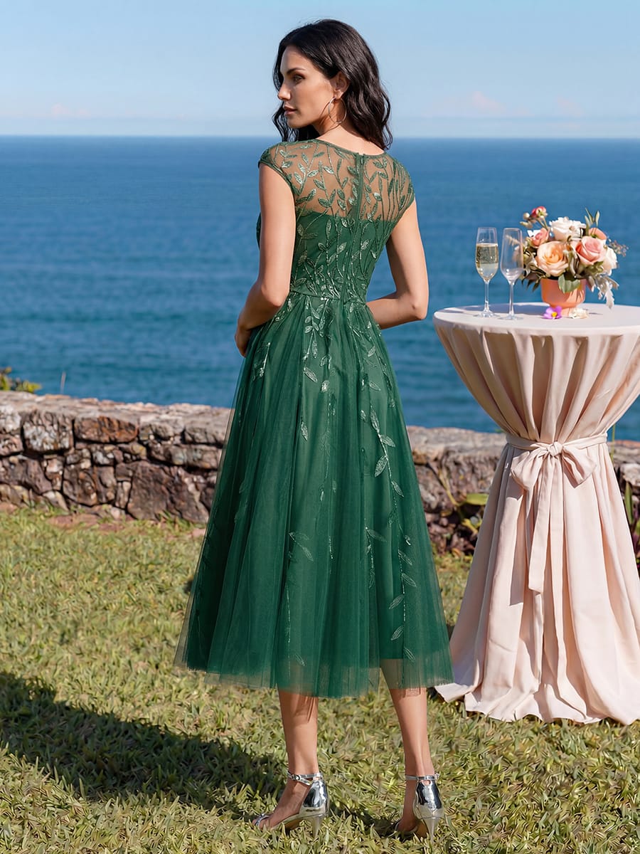 See-through Sequin Cap Sleeve Dress #color_Eucalyptus Green