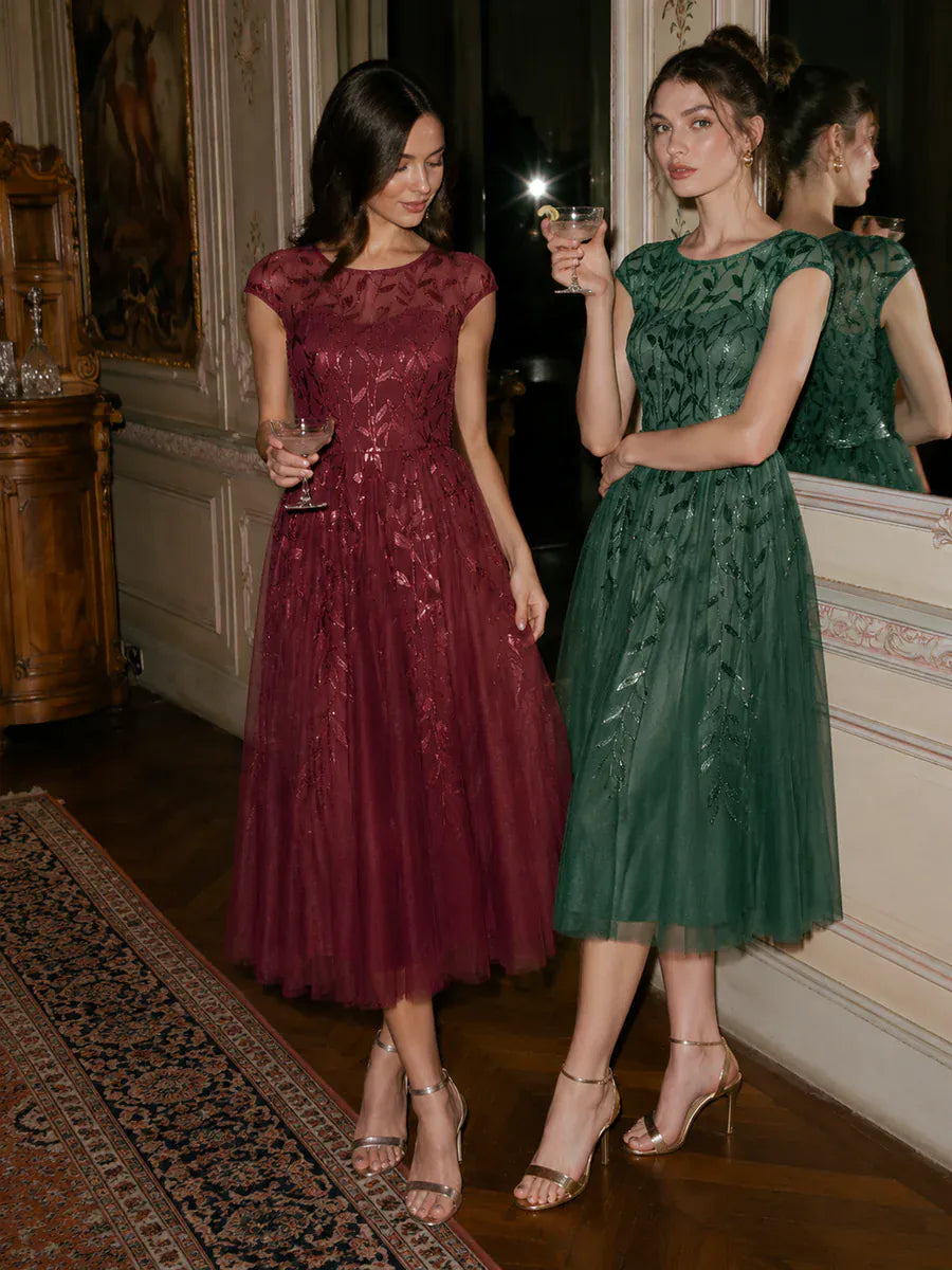 See-through Sequin Cap Sleeve Dress #color_Eucalyptus Green