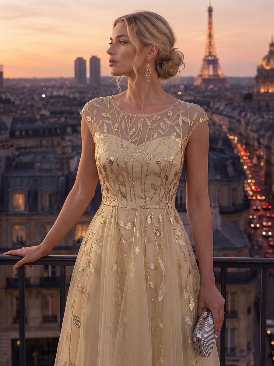 See-through Sequin Cap Sleeve Dress #color_Gold