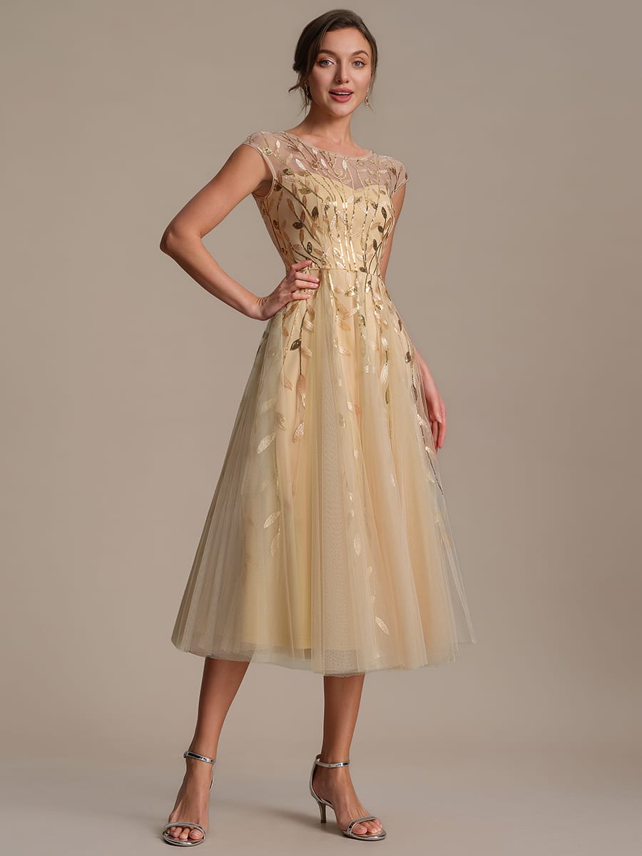 See-through Sequin Cap Sleeve Dress #color_Gold