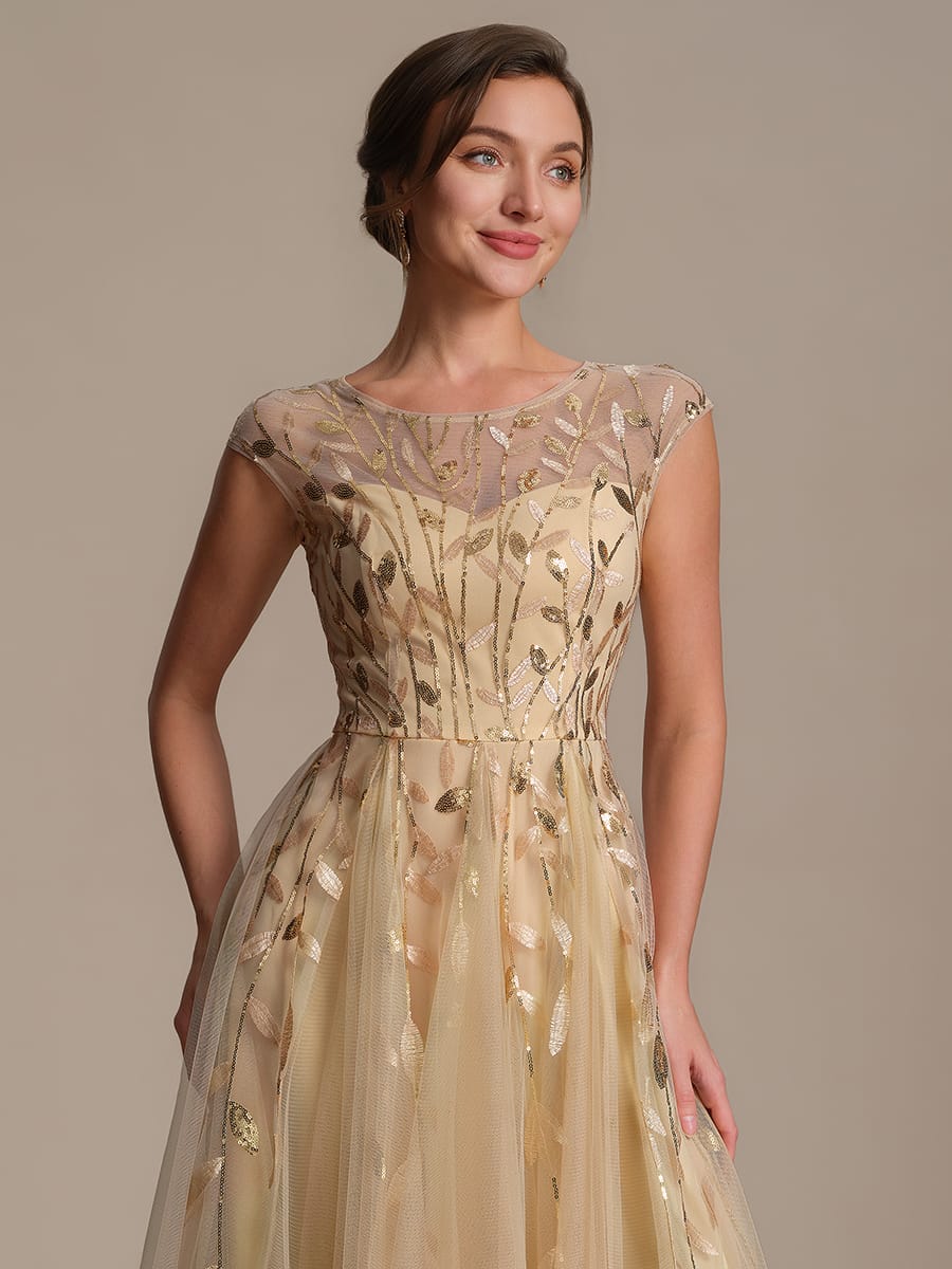 See-through Sequin Cap Sleeve Dress #color_Gold