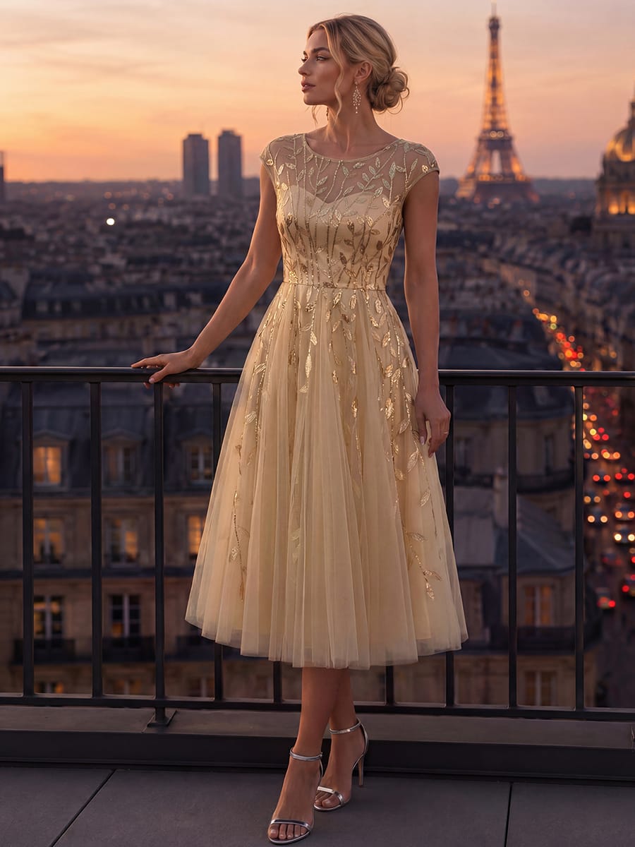 See-through Sequin Cap Sleeve Dress #color_Gold