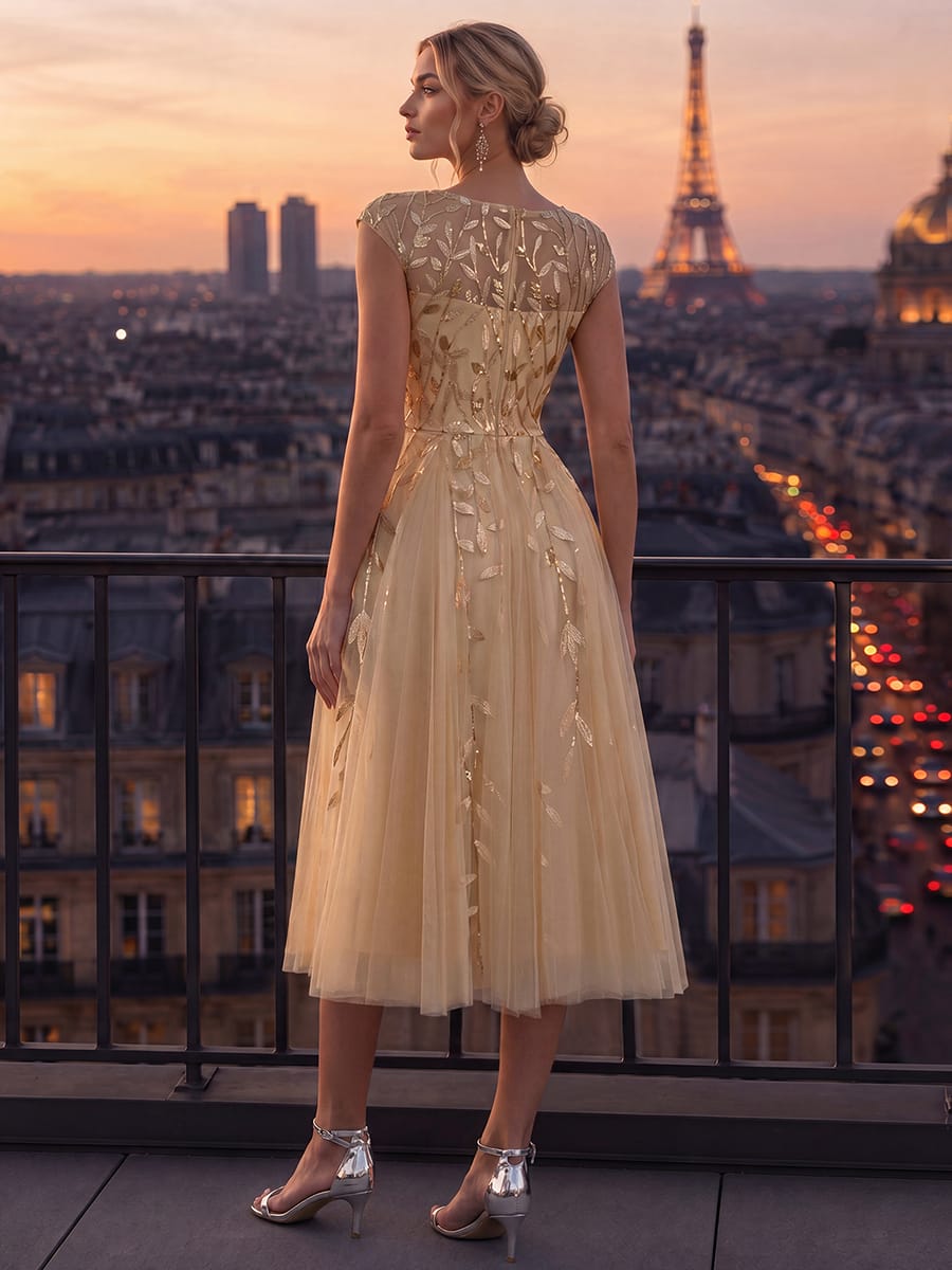 See-through Sequin Cap Sleeve Dress #color_Gold